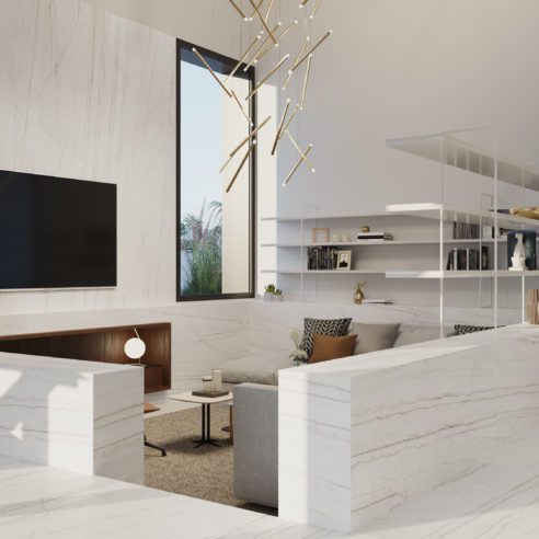 Neural, da coleção Dekton Onirika, usado no revestimento de piso, paredes e escadas
