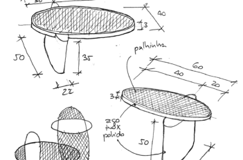 Croquis feitos por Giácomo Tomazzi para a coleção Meraki: a trama de palhinha chama a atenção no desenho