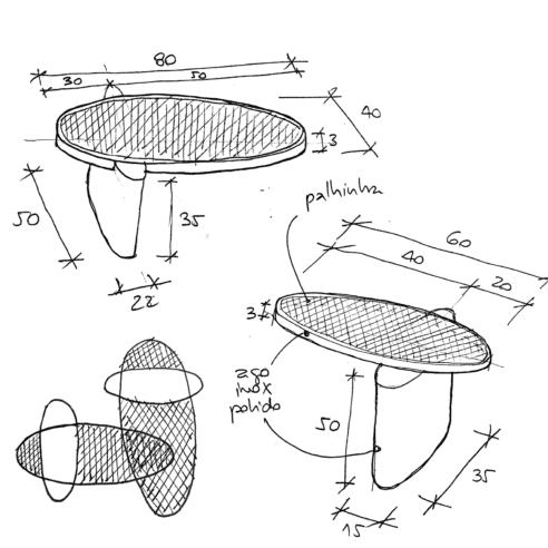Croquis feitos por Giácomo Tomazzi para a coleção Meraki: a trama de palhinha chama a atenção no desenho