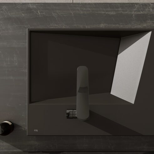 O acabamento Matte Black, um preto absoluto, aplicado à cuba Horizon Geometric, assinada pelo arquiteto João Armentano | Foto: Divulgação