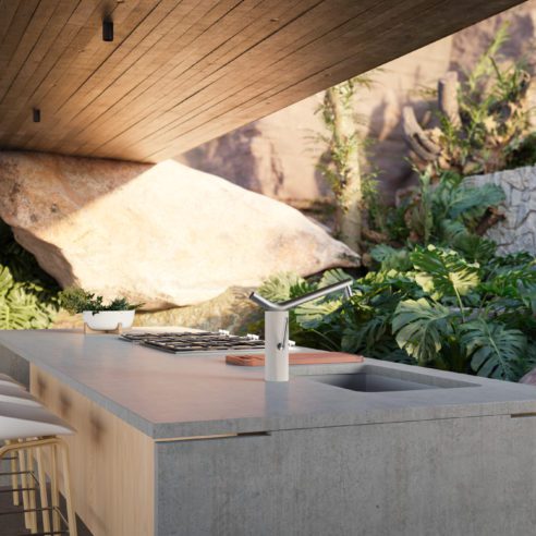 Inspirado nas ninfas gregas que habitavam as águas, o misturador monocomando Naiade, design do estúdio Quaglio Simonelli, exibe formas esculturais em balanço