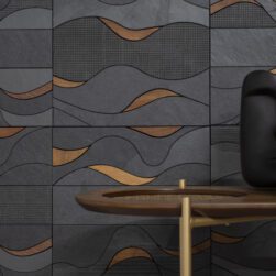 Mosaico Horizonte Preto Legno, desenho de Luiz Martins, combina madeira e pedra numa ode às montanhas mineiras