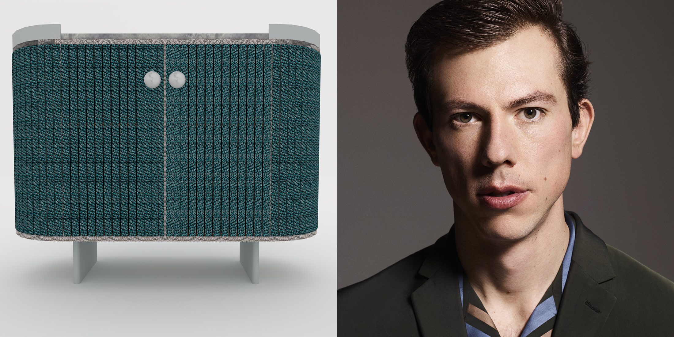 Bar da coleção Vimare (à esq.), assinado pelo designer italiano Matteo Cibic | Imagens: Divulgação e Emilio Tini/ Montagem